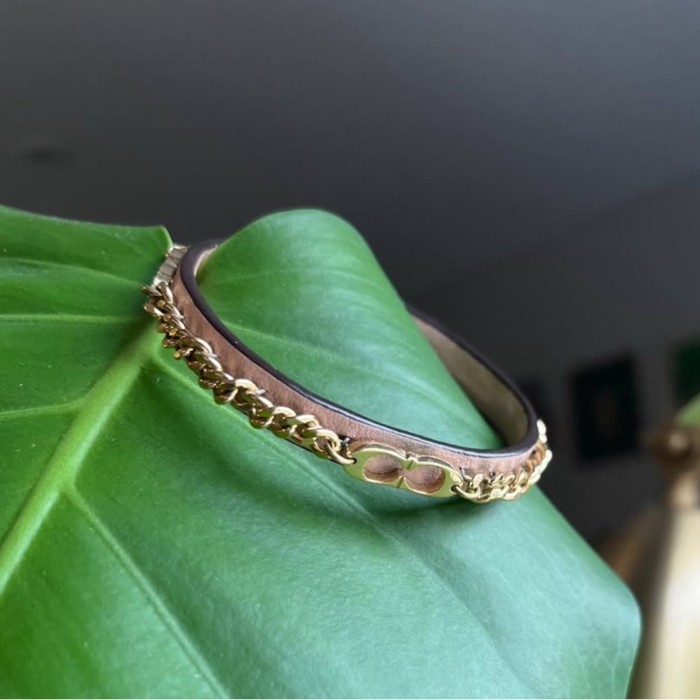 Coach gold signature C chain leather bracelet